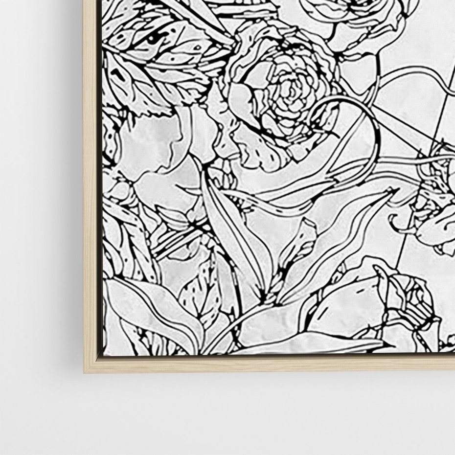 Obraz w ramie 80x120 - Refleksje w martwym punkcie - graficzny szkic, kompozycja kwiatów - rama drewno