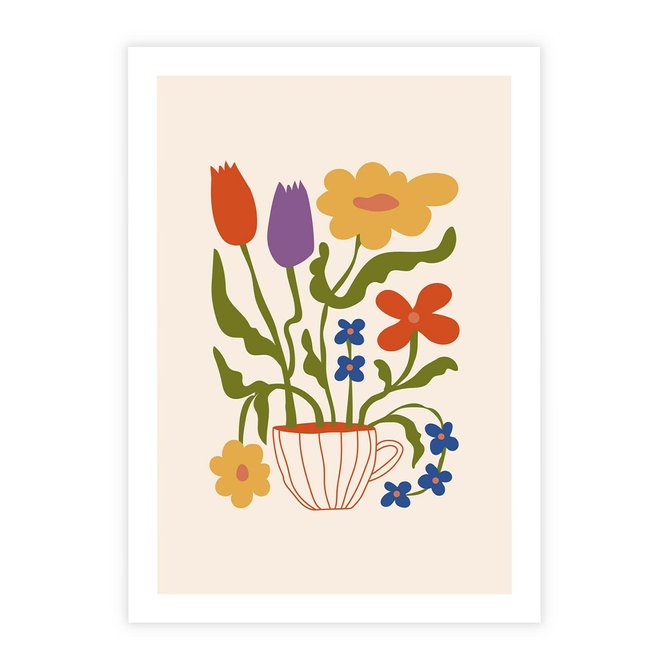 Plakat bez ramy 21x30 - Kolorowe Granice - kwiaty w filizance, abstrakcja
