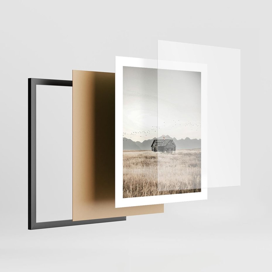 Plakat w ramie 40x50 - Wiejska Idylla - stary drewniany dom w polu suchej trawy, fotografia - rama czarna