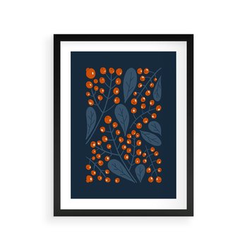 Plakat w ramie 50x70 - Symfonia liści i owoców - granatowe tło, pomarańczowe owoce jarzębiny - rama czarna