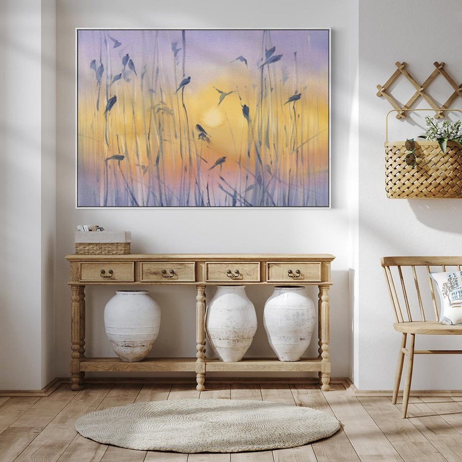 Obraz w ramie 120x80 - Mistyka Poranka nad Szuwaram - wschód słońca w szuwarach, trawy - rama biała