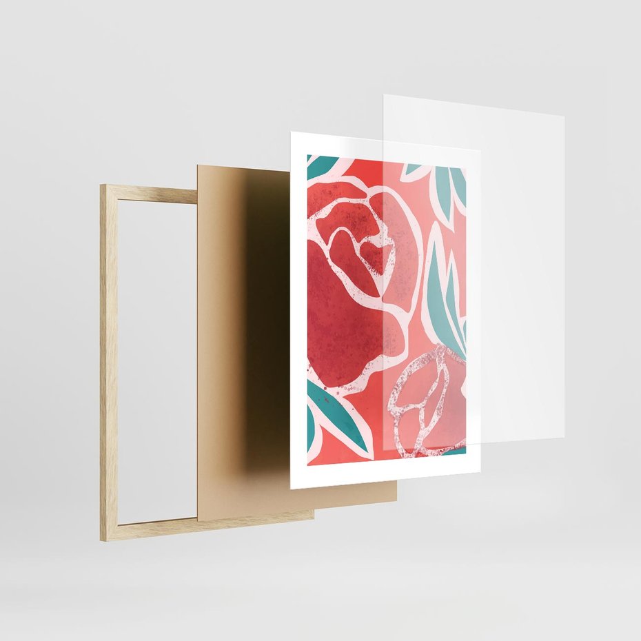 Plakat w ramie 30x40 - Rozkwitające Kształty - nowoczesny plakat, abstrakcyjne róże - rama drewno
