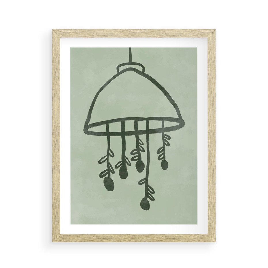 Plakat w ramie 50x70 - Zieleń Inspirującego Spokoju - plakat z abstrakcyjną zieloną lampą, skandynawski design - rama drewno