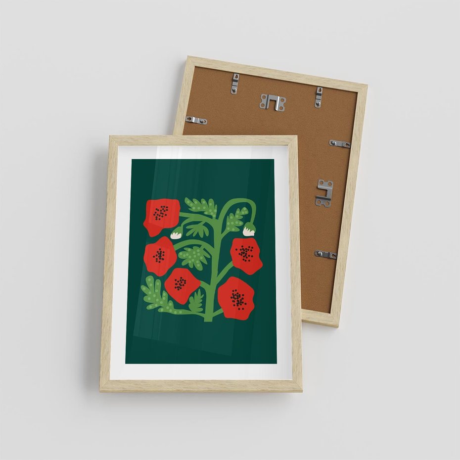 Plakat w ramie 30x40 - Księga Odbić - abstrakcyjna kwiatowa kompozycja, zielone mocne tło - rama drewno