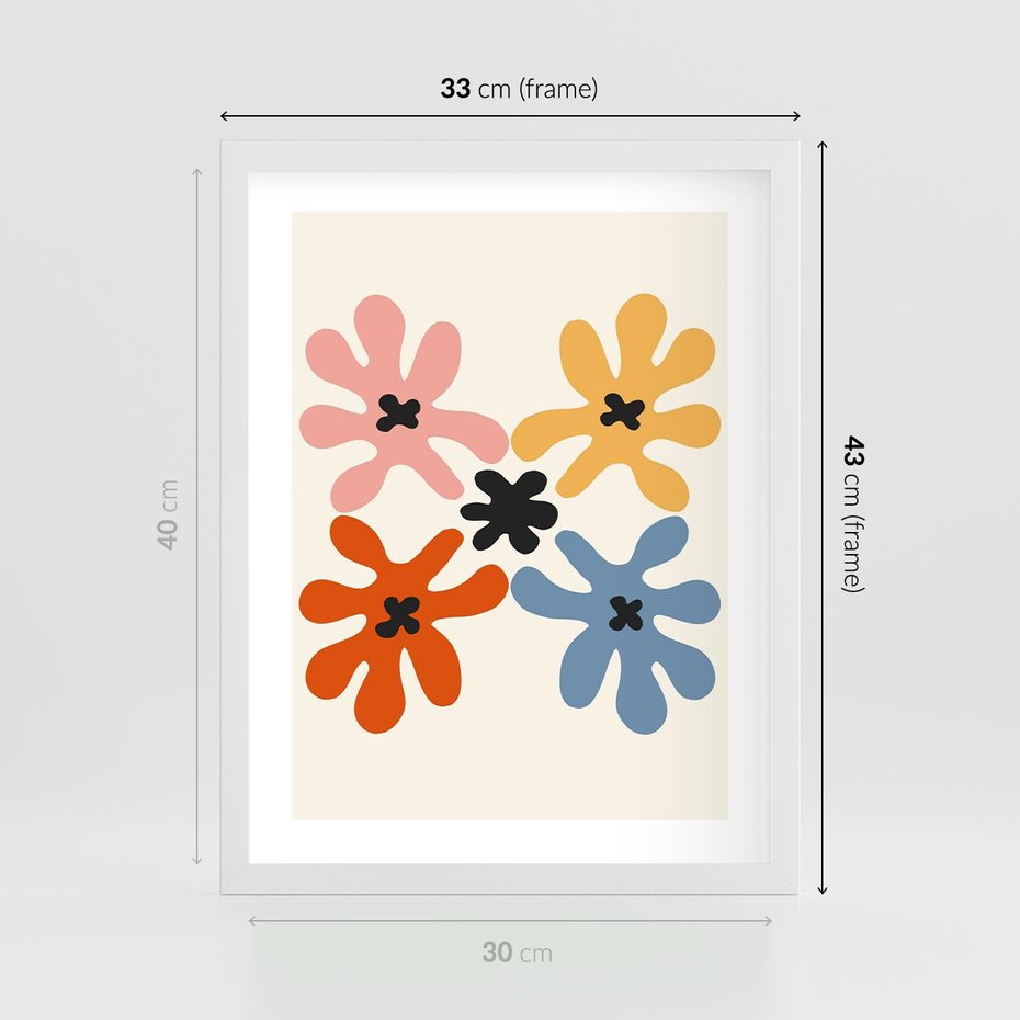 Plakat w ramie 30x40 - Taniec Akwareli - abstrakcyjne wielokolorowe kwiaty, minimalizm - rama biała