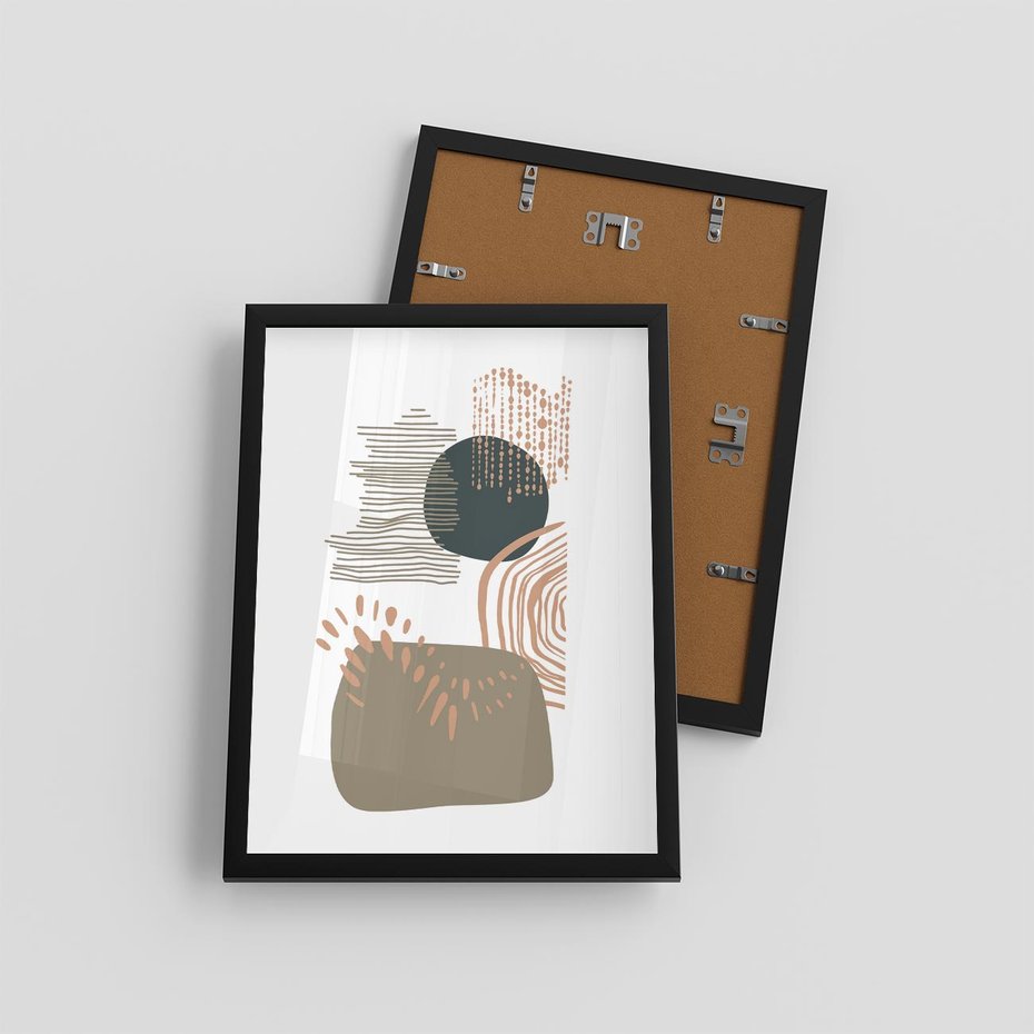 Plakat w ramie 30x40 - Taniec Plam - abstrakcyjna kompozycja z kropek kresek i kółek, odcienie brązu i beżu - rama czarna