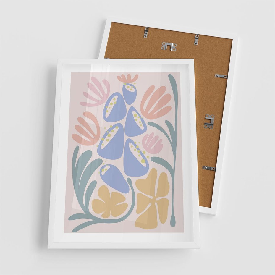 Plakat w ramie 50x70 - Minimalistycznie i Pastelowo - pastelowe kwiaty, na beżowym tle - rama biała