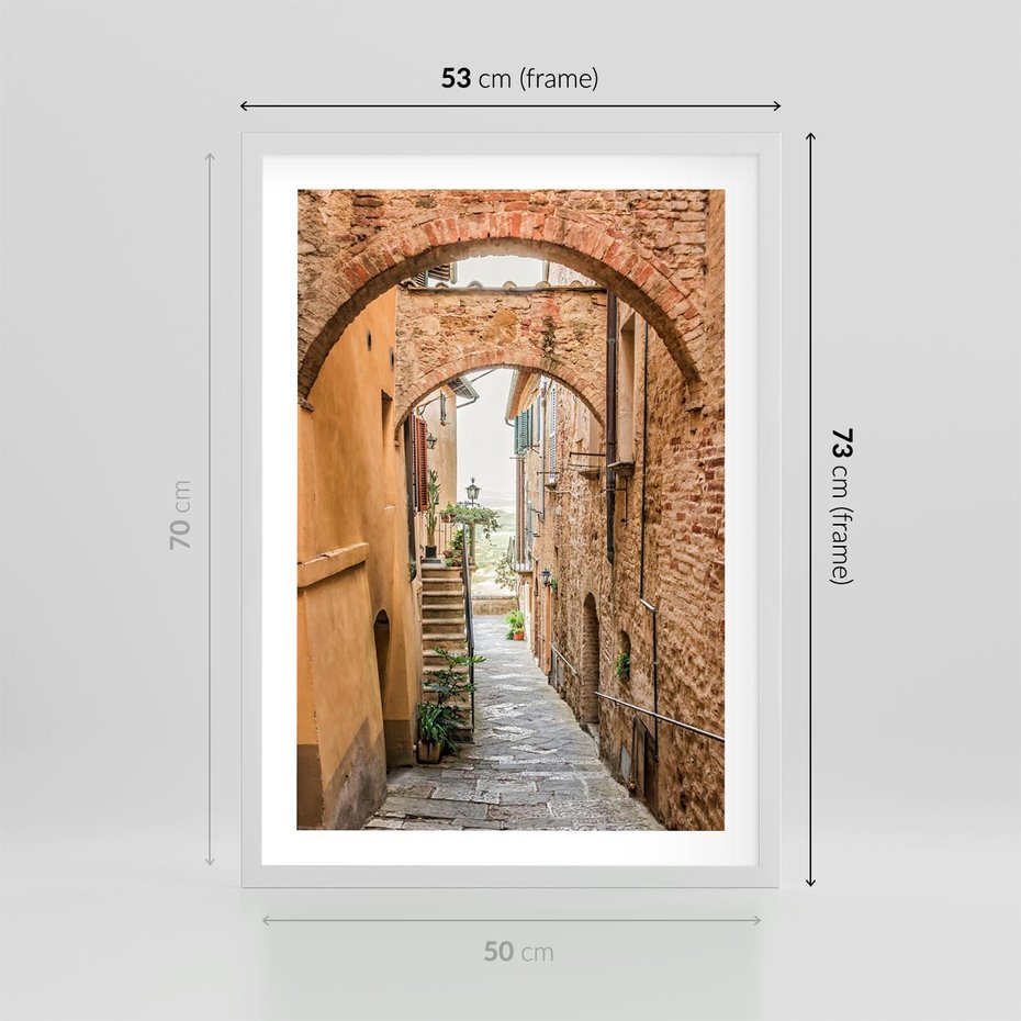 Plakat w ramie 50x70 - Magiczna podróż w głąb miasta - uliczka, perspektywa - rama biała