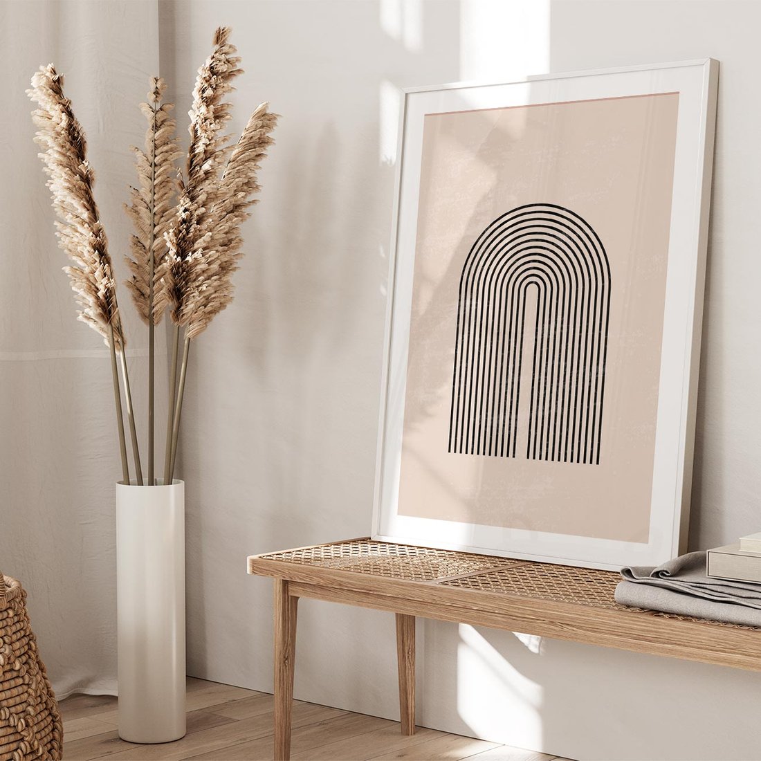 Plakat w ramie 50x70 - Migocące Echa - abstrakcyjne linie, geometria - rama biała