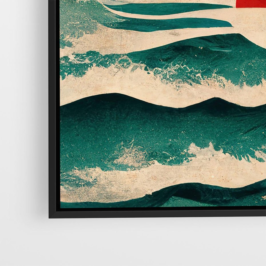 Obraz w ramie 50x50 - Czerwone Melodie - japońska sztuka, zachód słońca nad oceanem - rama czarna