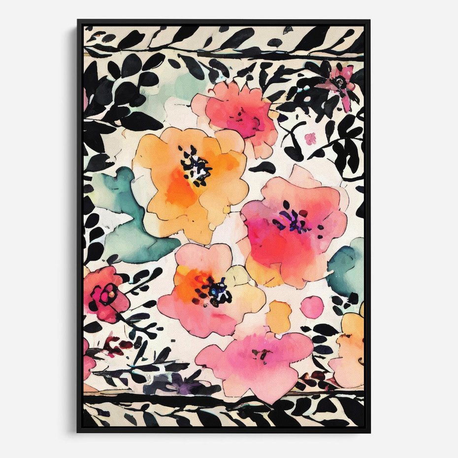 Obraz w ramie 50x70 - Opowieść w kroplach farb - akwarelowe kwiaty, mocna ornamentowa czarna ramka namalowana dookoła obrazu - rama czarna