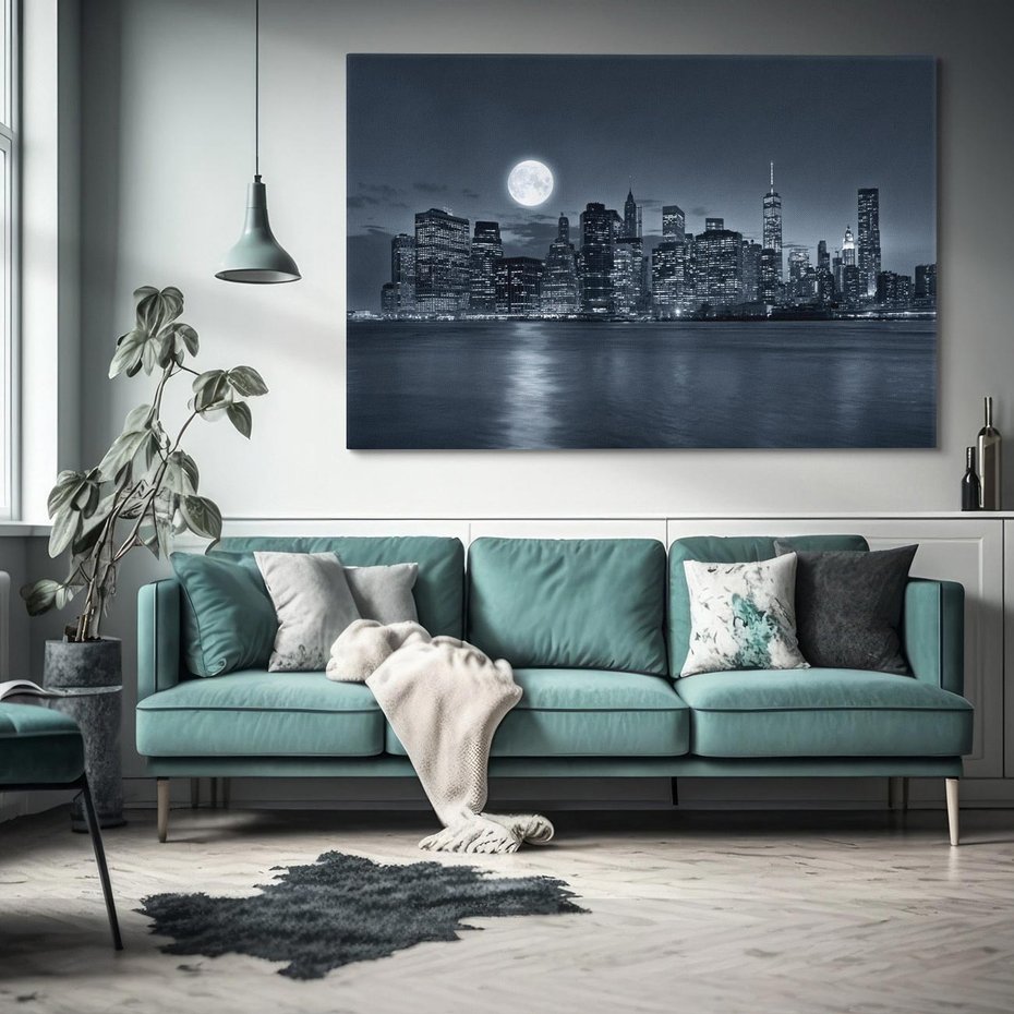 Obraz na płótnie 70x50 - Księżyc nad miastem nocą - księżyc, miasto