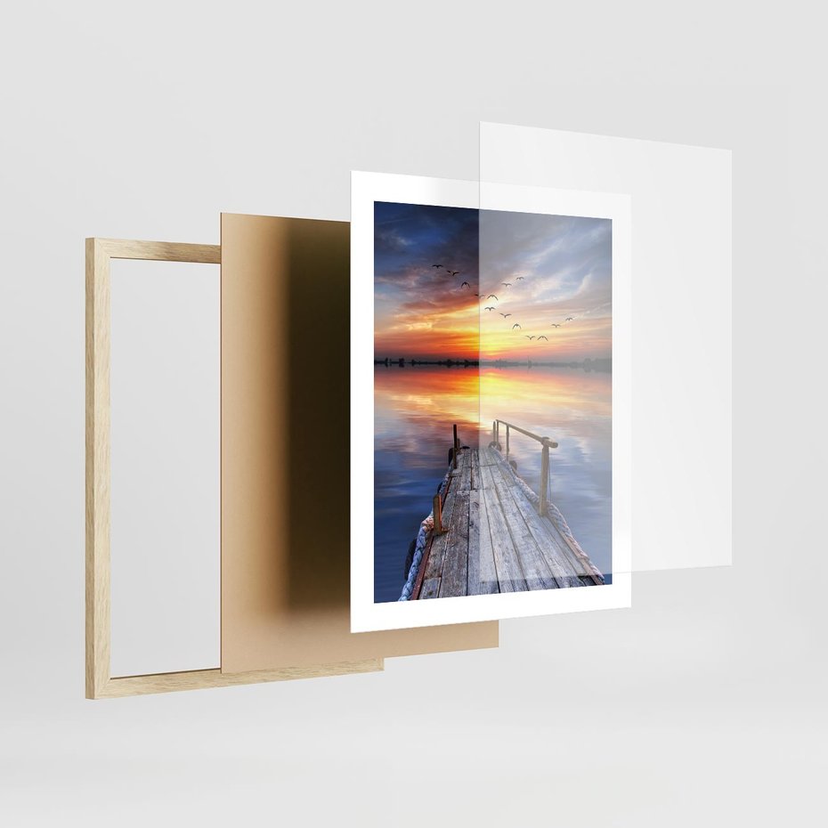 Plakat w ramie 40x50 - Zachód słońca na pomostcie - pomost, zachód - rama drewno