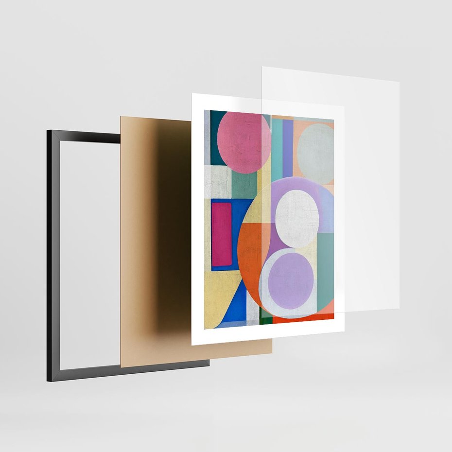 Plakat w ramie 40x50 - Migotliwe Impulsy Dźwięku - różne geometryczne formy, koła - rama czarna