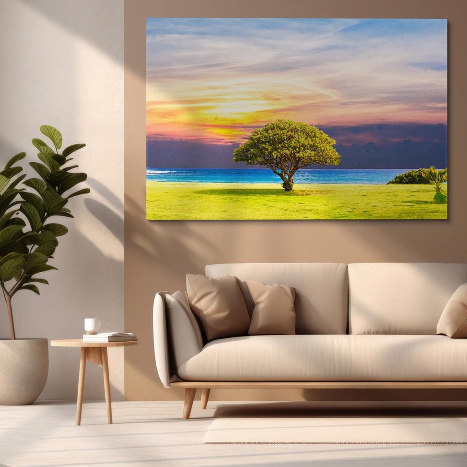 Obraz na płótnie 70x50 - Drzewo z Morzem i Zieloną Trawą - drzewo, morze