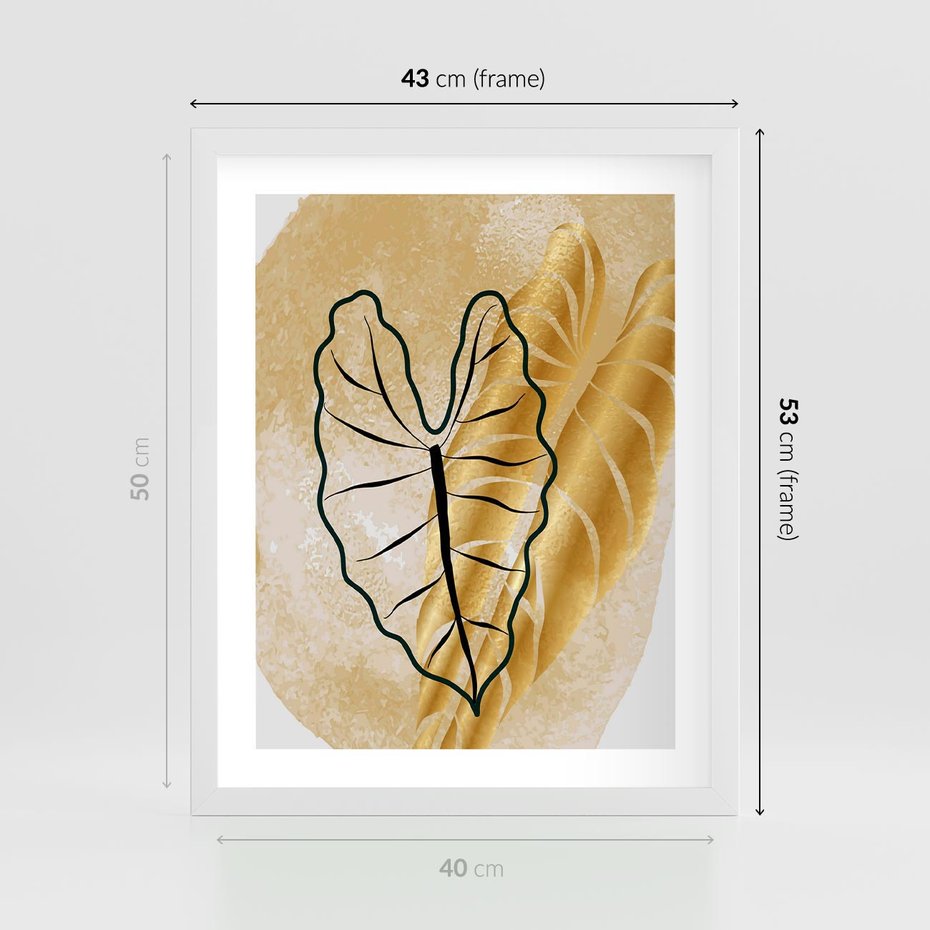 Plakat w ramie 40x50 - Monstera w Złocie - złote liście monstery, grafika - rama biała