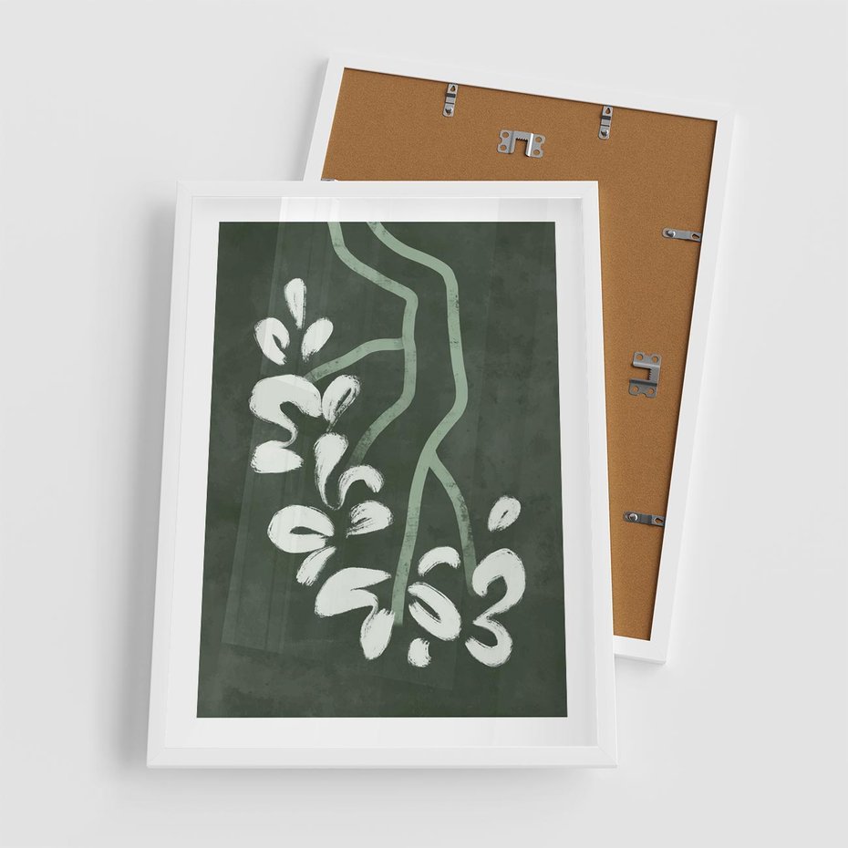 Plakat w ramie 50x70 - Rozkwitające Zielone Gałęzie - abstrakcyjne delikatne zielone linie, podobne do gałęzi kwiatów - rama biała
