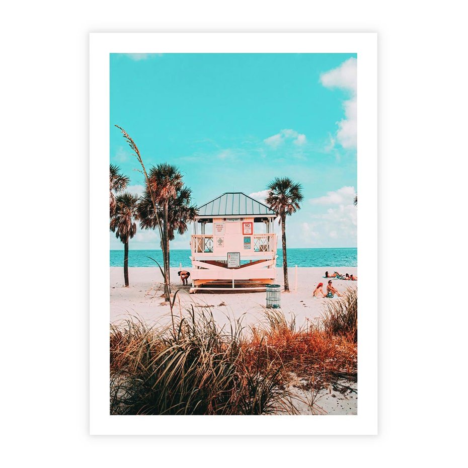 Plakat bez ramy 30x40 - Plaża, Palmy i Spokój Miami - budka ratownika, plaża Miami