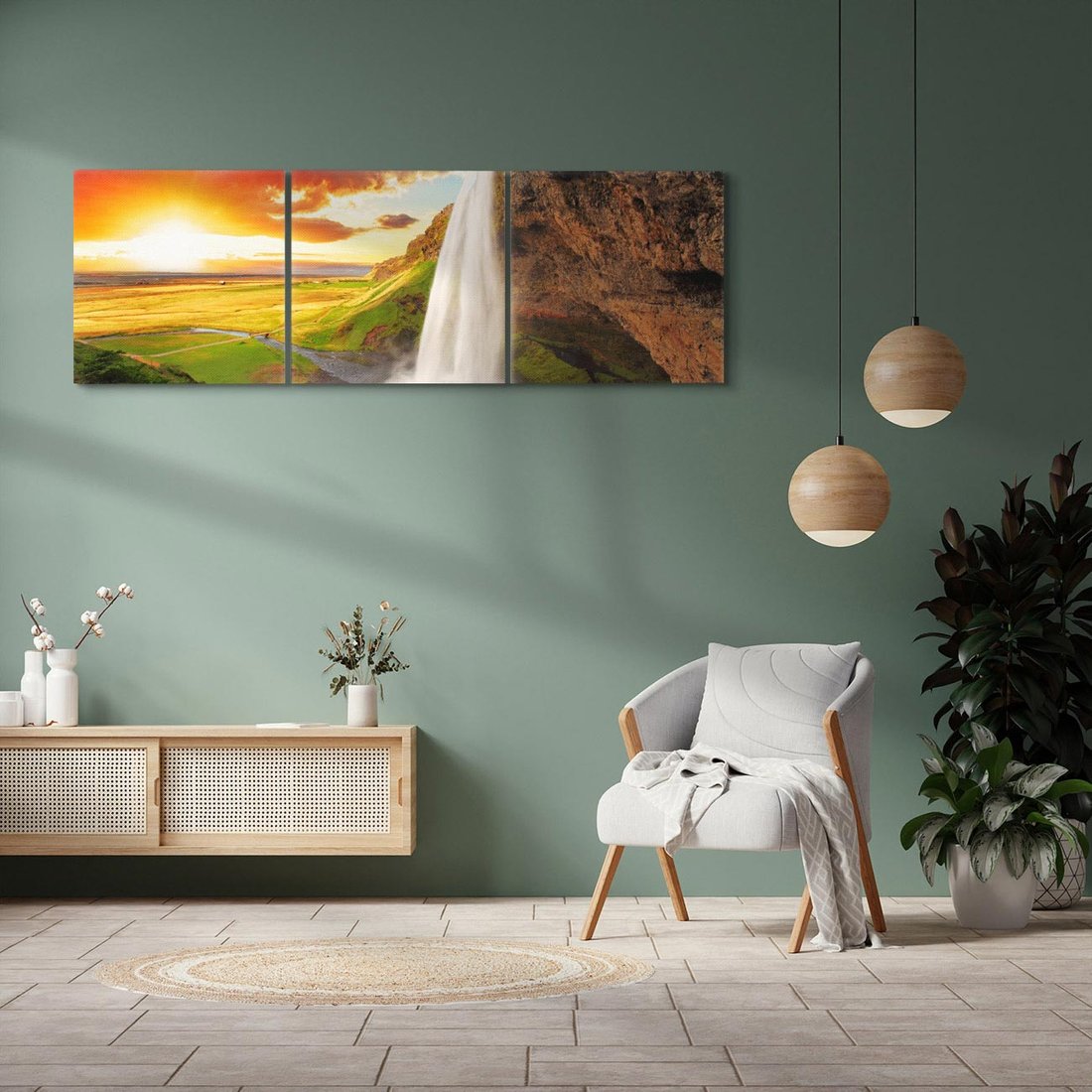 Obraz na płótnie 120x40 - Zachód słońca nad islandzkim wodospadem - Islandia, wodospad