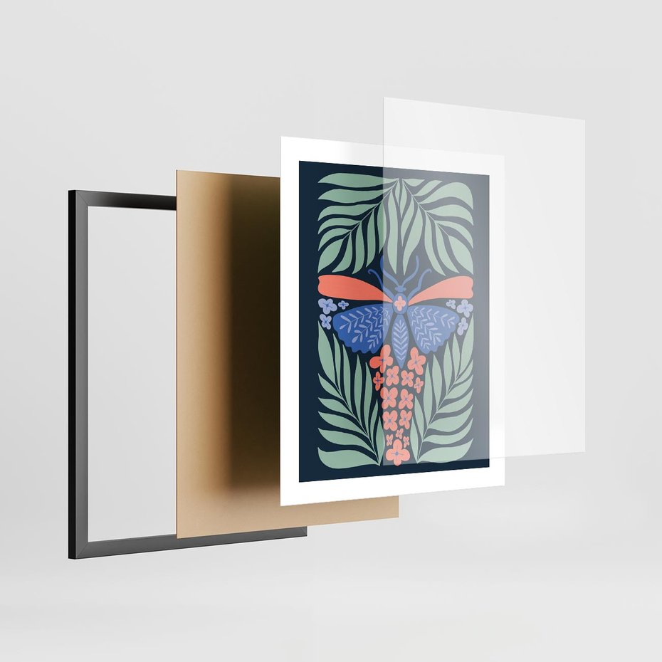 Plakat w ramie 40x50 - Granatowa Noc - granatowe tło, abstrajcyjna ćma - rama czarna