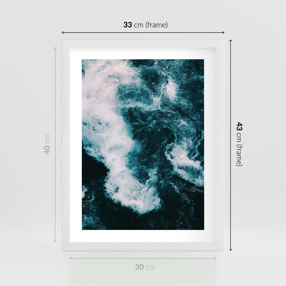Plakat w ramie 30x40 - Fale w Odcieniach Turkusu - ocean, fale - rama biała