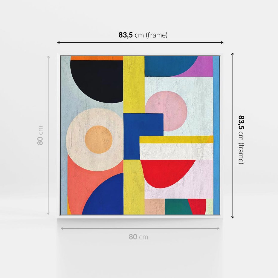 Obraz w ramie 80x80 - Harmonia Kolorowych Impulsów - abstrakcyjne geometryczne kształty, olejny obraz - rama biała