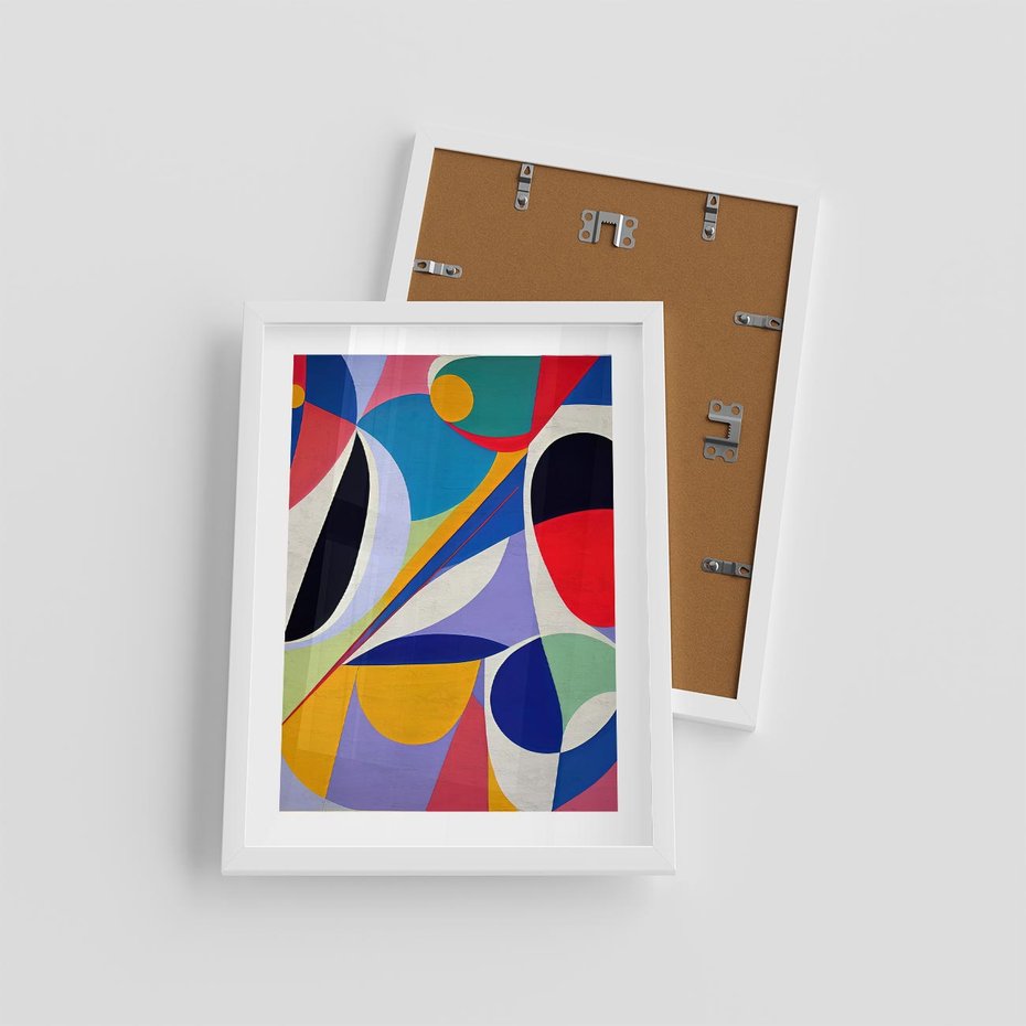 Plakat w ramie 30x40 - Kolorowe Przesunięcia Kształtów - abstrakcyjny obraz olejny, żywe kolory - rama biała