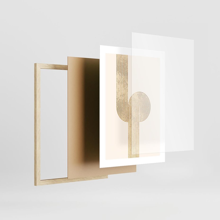 Plakat w ramie 30x40 - Podróżne Kształty - geometryczne linie w złotym kolorze, minimalizm - rama drewno