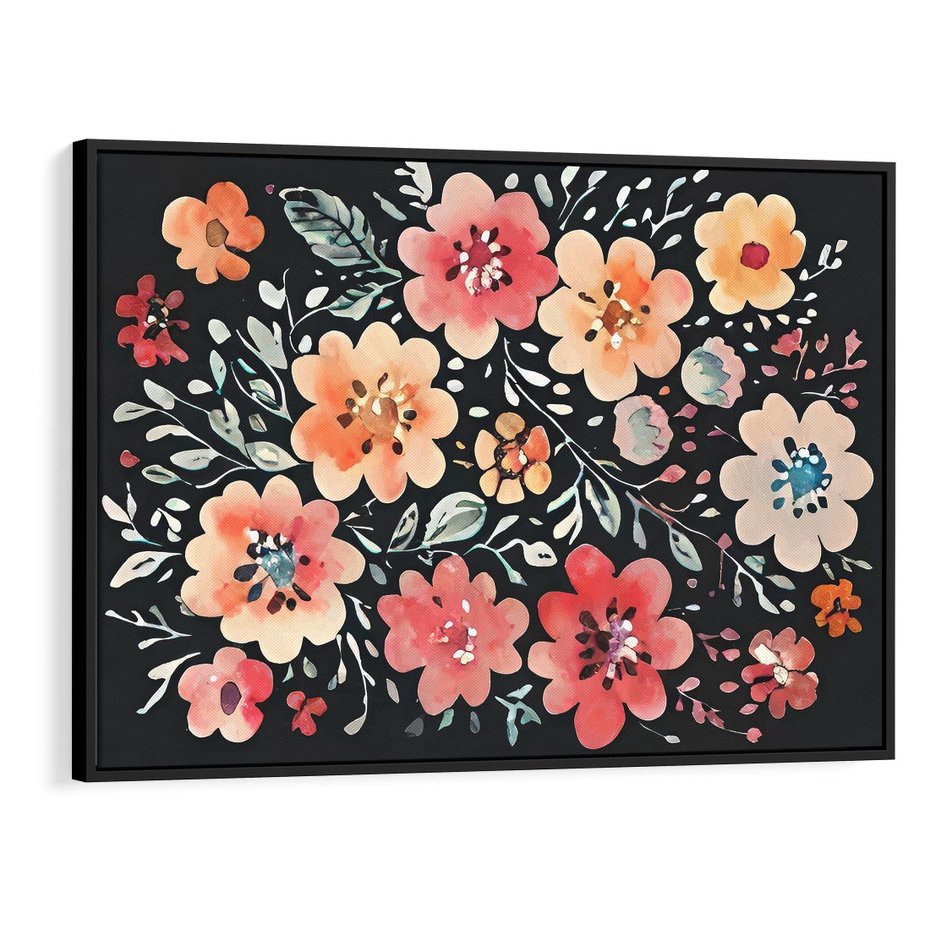 Obraz w ramie 100x70 - Labirynty melancholii - akwarelowe, pastelowe kwiaty na czarnym tle - rama czarna