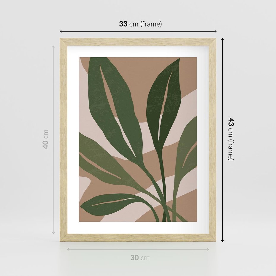 Plakat w ramie 30x40 - Nowoczesność Natury: Plakat z Zielonymi Liśćmi - nowoczesny plakat, beż - rama drewno
