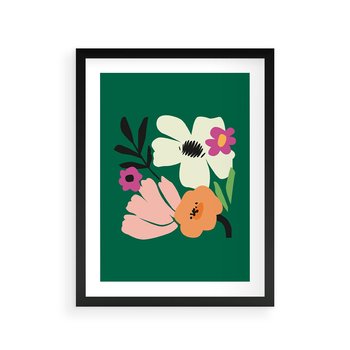Plakat w ramie 30x40 - Rozbijające Echa - abstrakcyjne kwiaty, zielone tło - rama czarna
