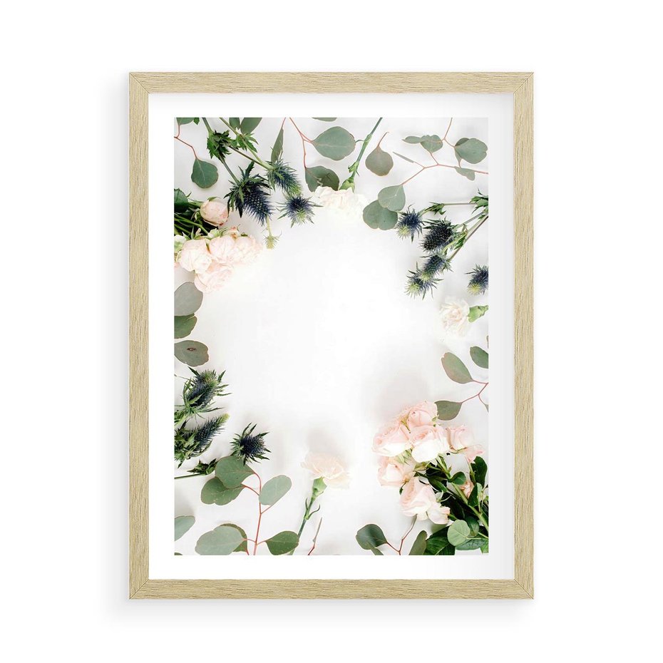 Plakat w ramie 50x70 - Róże i Zielone Liście - kompozycja kwiatowa, róże - rama drewno