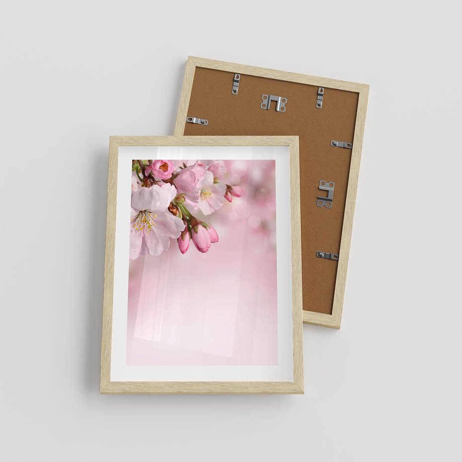 Plakat w ramie 30x40 - Kwitnąca wiśnia: delikatność natury - kwitnąca, wiśnia - rama drewno