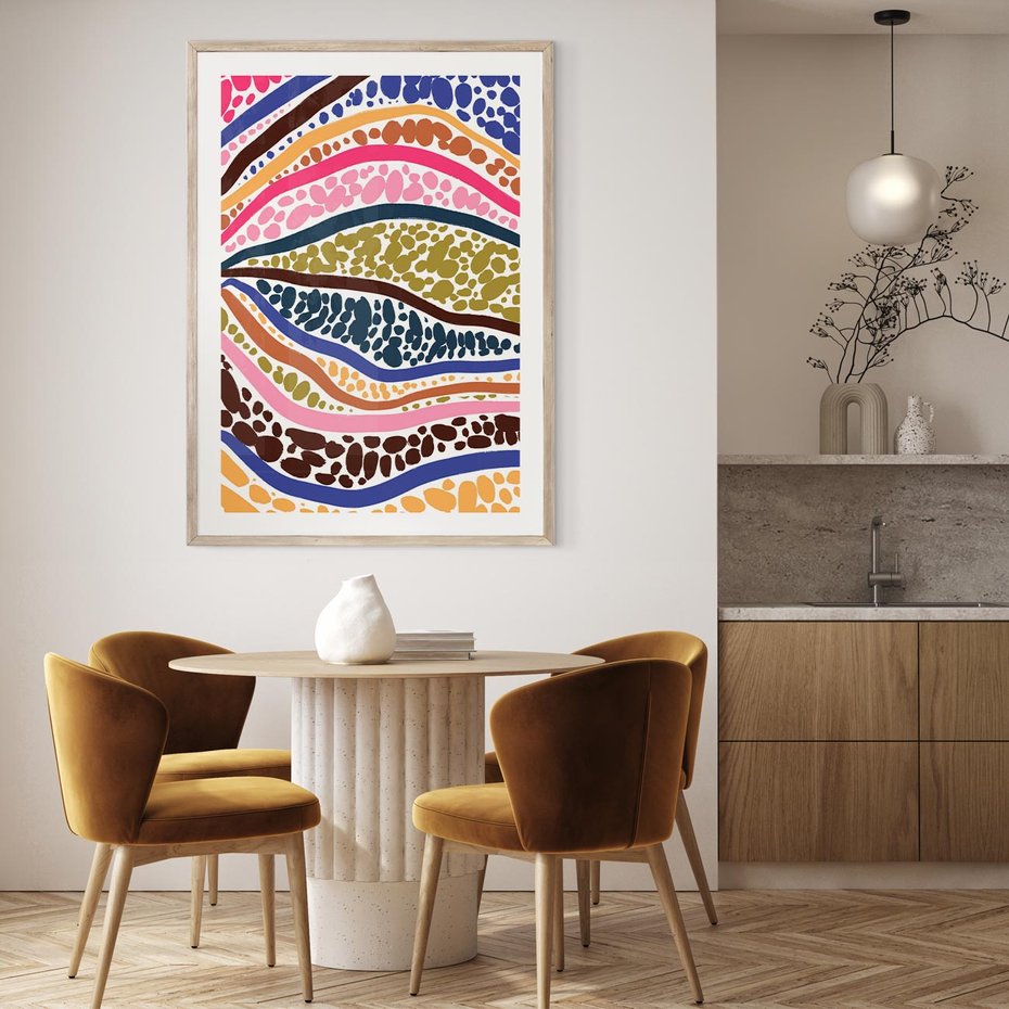 Plakat w ramie 40x50 - Wibracje Plam - kolorowe wzory, tęczowe żywe kolory - rama drewno