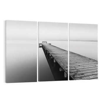 Obraz na płótnie 120x80 - Mglista Perspektywa - czarno biała fotografia, drewniany pomost na jeziorze