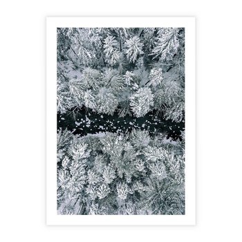 Plakat bez ramy 40x50 - Zimowy Krajobraz z Góry - zdjęcie z góry, zaśnieżony las i zamarznięty strumyk