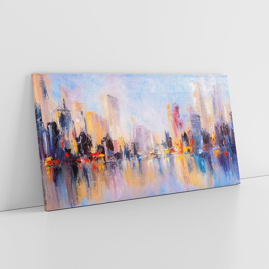 Obraz na płótnie 100x50 - Miasto Refleksji - olejna panorama miasta w oddali, wiezowce odbijają się w rzece