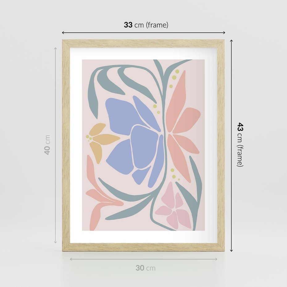 Plakat w ramie 30x40 - Pastele Kwiatowych Plam - pastelowe kwiaty, na beżowym tle - rama drewno