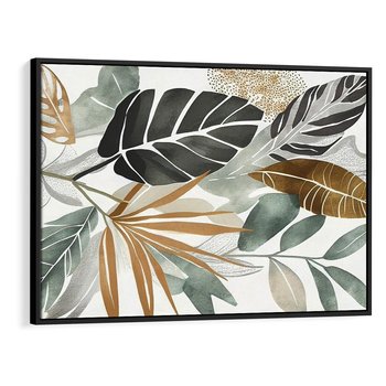 Obraz w ramie 100x70 - Współbrzmienie wewnętrznego ja - kompozycja z tropikalnych liści, stonowane kolory - rama czarna