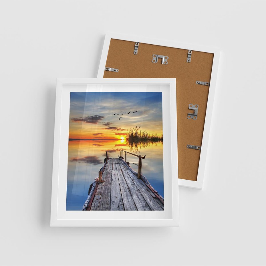 Plakat w ramie 40x50 - Zachód słońca na pomostach - zachód, słońca - rama biała