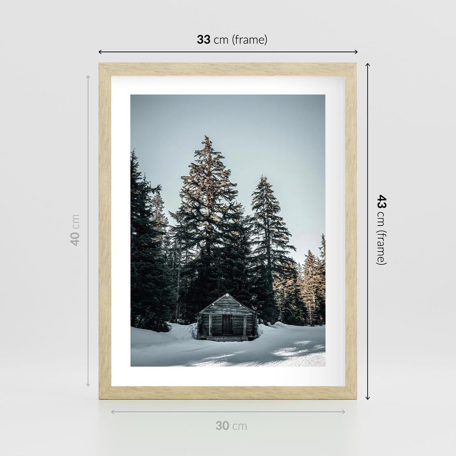 Plakat w ramie 30x40 - Chatka w Górach w Czasie Zimy - chatka w górach, zima - rama drewno