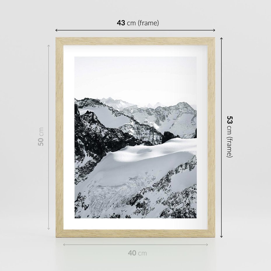 Plakat w ramie 40x50 - Biały Zimowy Pejzaż - góry w zimie, ośnieżone wysokie szczyty - rama drewno