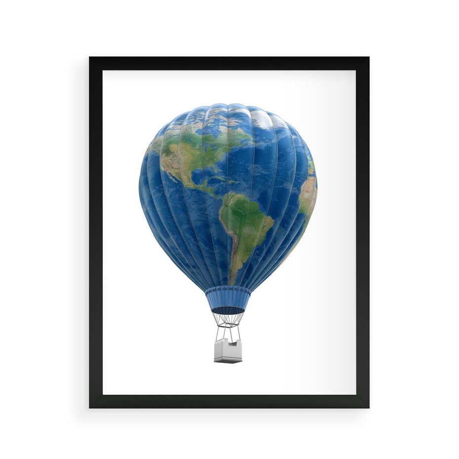 Plakat w ramie 40x50 - Podróżniczy balon nad ziemią - balon, ziemia - rama czarna
