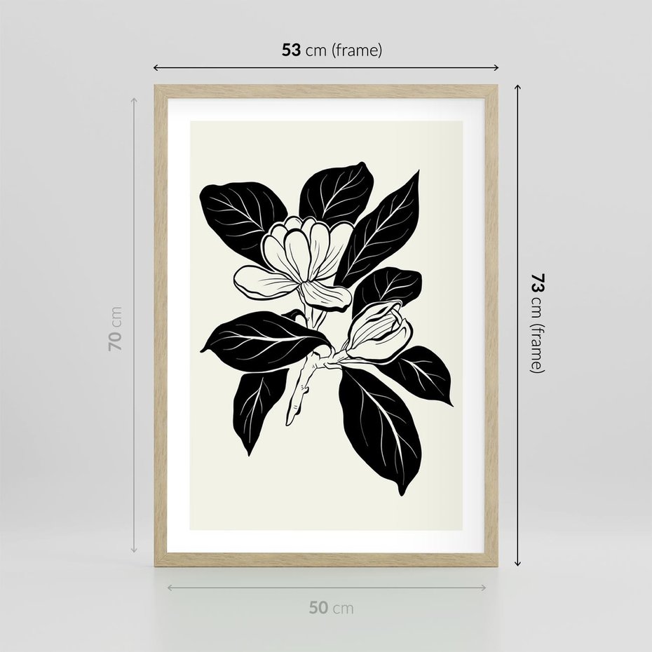 Plakat w ramie 50x70 - Spojrzenie w kształty kwiatów - kwiaty magnolii, minimalizm - rama drewno