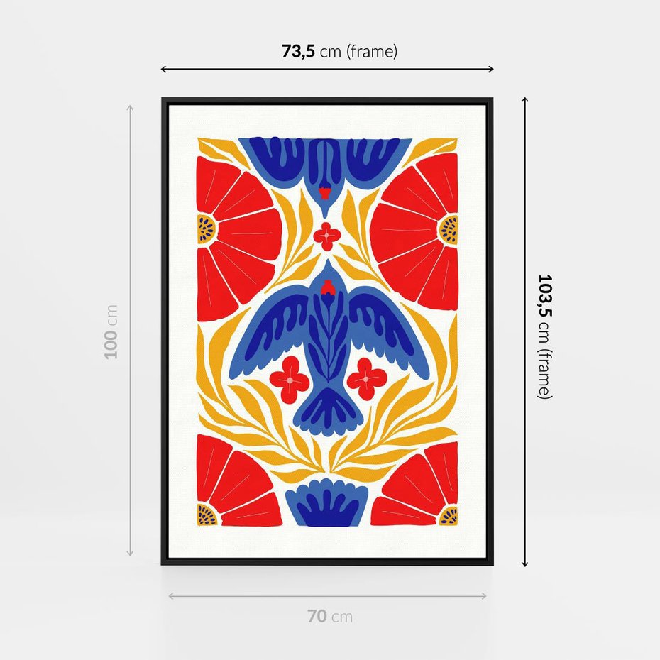 Obraz w ramie 70x100 - Eklektyczny Majestat - wyrazista grafika, mocne kolory czerwień niebieski żółty - rama czarna