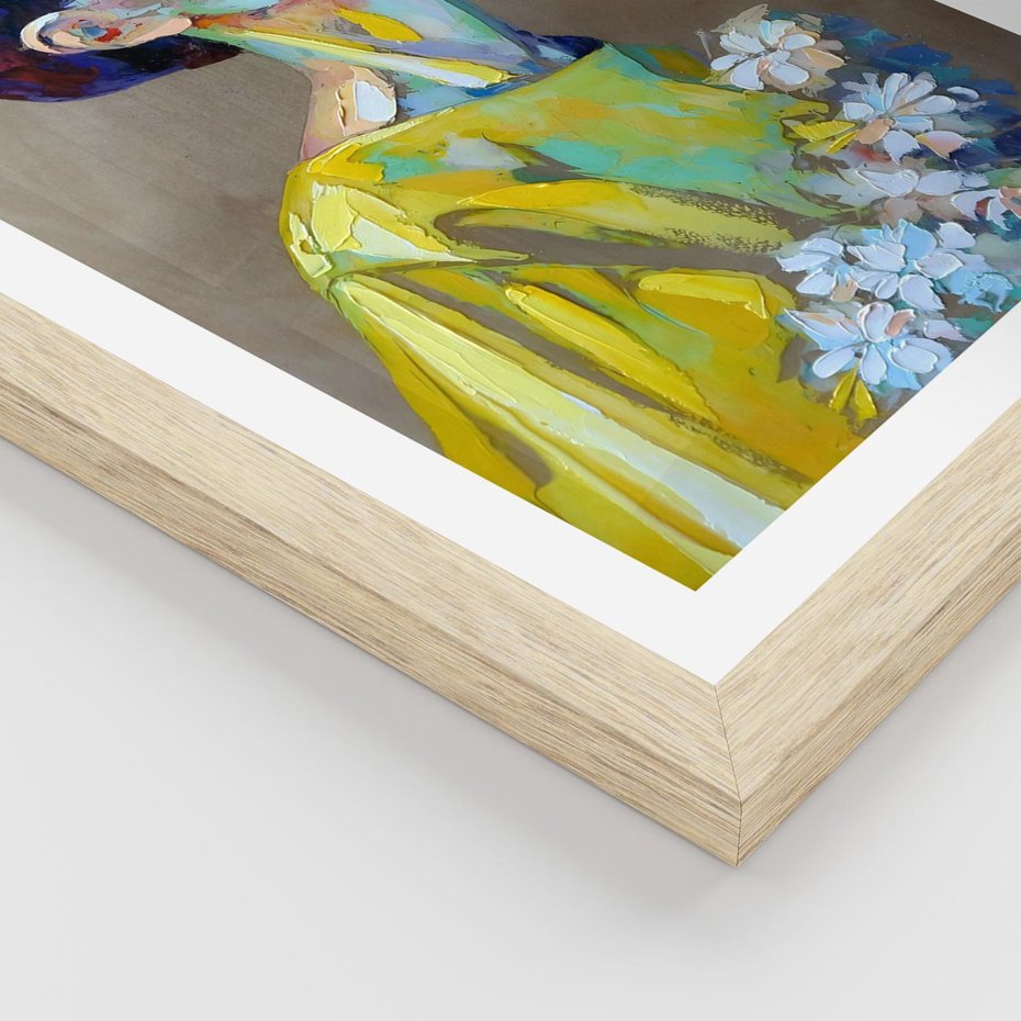 Plakat w ramie 50x70 - W Żółtej Sukience - olejny abstrakcyjny obraz, portret kobiety w żółtej sukience - rama drewno