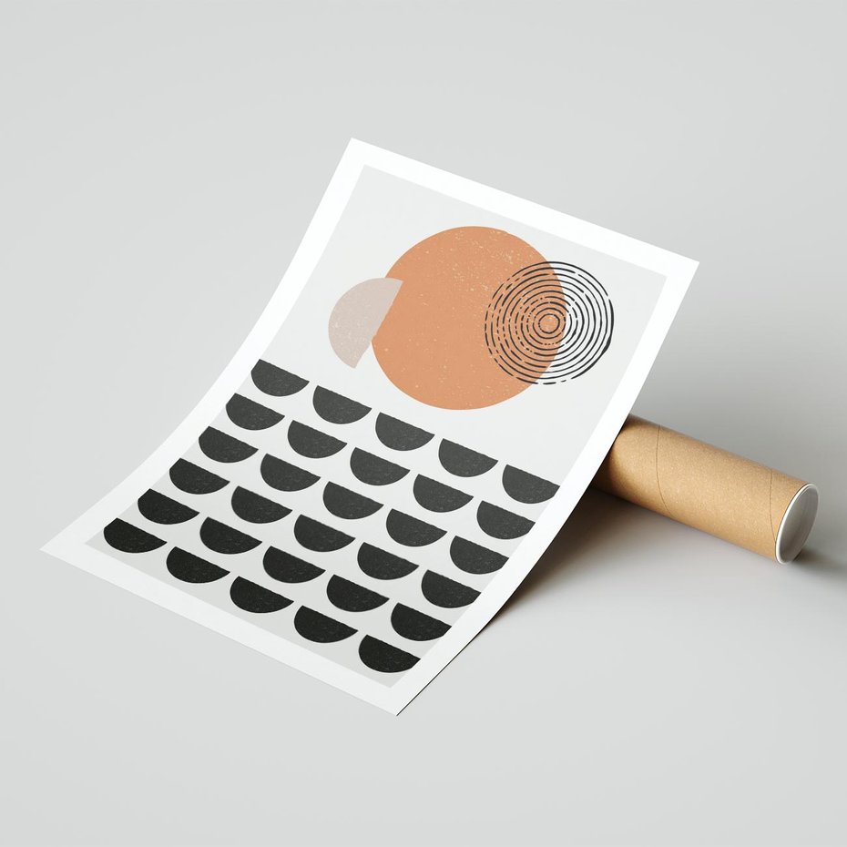 Plakat bez ramy 50x70 - Geometryczna Ekspresja - geometryczny graficzny obraz, pomarańczowe koło