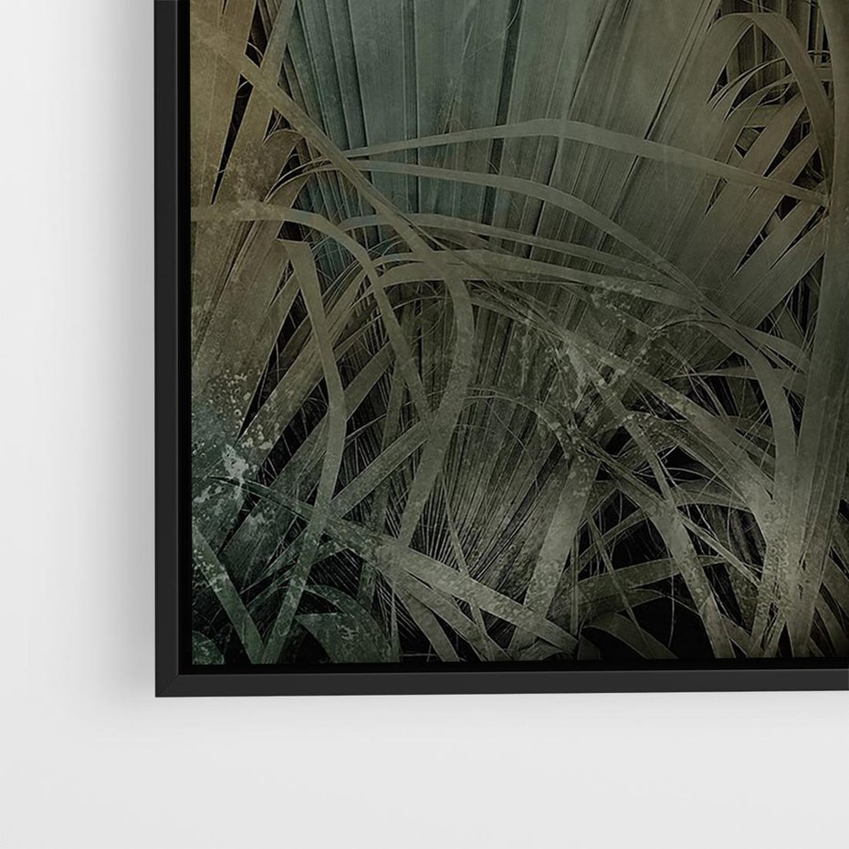 Obraz w ramie 50x50 - Światło w mroku duszy - liście traw, mroczny klimat - rama czarna