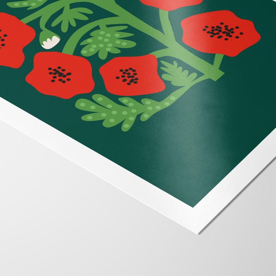 Plakat bez ramy 21x30 - Księga Odbić - abstrakcyjna kwiatowa kompozycja, zielone mocne tło