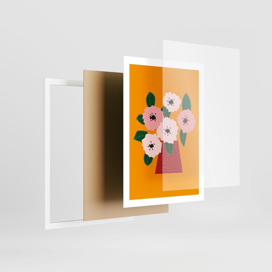 Plakat w ramie 50x70 - Harmonijne Granice - abstrakcyjne kwiaty, żółte tło - rama biała